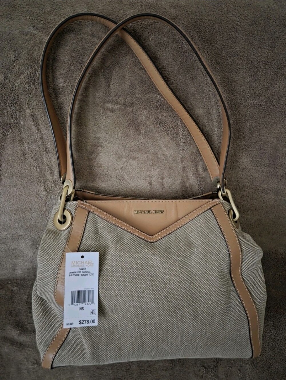 NWT MICHAEL KORS NATURAL COLORS LEATHER/TEXTILE LARGE POCKETS SHOULDER TOTE - Picture 2 of 15
